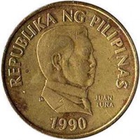 obverse of 25 Sentimo - Larger (1983 - 1990) coin with KM# 241.1 from Philippines. Inscription: REPUBLIKA NG PILIPINAS JUAN LUNA 1990