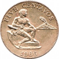 reverse of 5 Centavos (1958 - 1966) coin with KM# 187 from Philippines. Inscription: FIVE CENTAVOS 1966