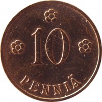 reverse of 10 Penniä (1919 - 1940) coin with KM# 24 from Finland. Inscription: 10 PENNIÄ