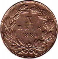 reverse of 10 Réis - Luíz I (1882 - 1886) coin with KM# 526 from Portugal. Inscription: X REIS 1884