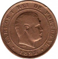 obverse of 10 Réis - Carlos I (1891 - 1892) coin with KM# 532 from Portugal. Inscription: CARLOS I REI DE PORTUGAL 1892
