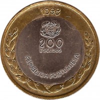 Portugal coin 200 Escudos - Expo '98 (1998) obverse obverse of 200 Escudos - Expo '98 (1998) coin with KM# 706 from Portugal. Inscription: 1998 200 ESCUDOS REPUBLICA PORTUGUESA DES. 7S GRAV.