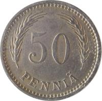 reverse of 50 Penniä (1921 - 1940) coin with KM# 26 from Finland. Inscription: 50 PENNIÄ