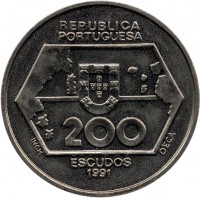 Portugal coin 200 Escudos - Navegaçoes para ocidente (1991) obverse obverse of 200 Escudos - Navegaçoes para ocidente (1991) coin with KM# 659 from Portugal. Inscription: REPUBLICA PORTUGUESA 200 ESCUDOS INCM D'EÇA 1991