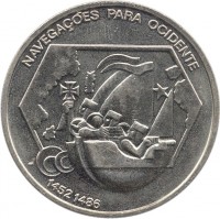 reverse of 200 Escudos - Navegaçoes para ocidente (1991) coin with KM# 659 from Portugal. Inscription: NAVEGAÇÕES PARA OCIDENTE 1452 1486