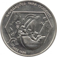Portugal coin 200 Escudos - Navegaçoes para ocidente (1991) reverse reverse of 200 Escudos - Navegaçoes para ocidente (1991) coin with KM# 659 from Portugal. Inscription: NAVEGAÇÕES PARA OCIDENTE 1452 1486