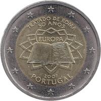 obverse of 2 Euro - Treaty of Rome (2007) coin with KM# 771 from Portugal. Inscription: TRATADO DE ROMA 50 ANOS EUROPA INCM 2007 PORTUGAL