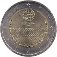 obverse of 2 Euro - Human Rights (2008) coin with KM# 784 from Portugal. Inscription: PORTUGAL 2008 60 ANOS DA DECLARAÇÃO UNIVERSAL DOS DIREITOS HUMANOS Esc. J. Duarte INCM