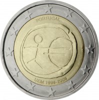 obverse of 2 Euro - 10 Years of EMU (2009) coin with KM# 785 from Portugal. Inscription: PORTUGAL INCM UEM 1999-2009