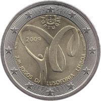 obverse of 2 Euro - Lusophony Games (2009) coin with KM# 786 from Portugal. Inscription: JOGOS DA LUSOFONIA LISBOA 2009