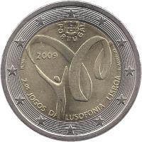 Portugal coin 2 Euro - Lusophony Games (2009) obverse obverse of 2 Euro - Lusophony Games (2009) coin with KM# 786 from Portugal. Inscription: JOGOS DA LUSOFONIA LISBOA 2009