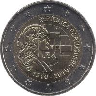 obverse of 2 Euro - Portuguese Republic (2010) coin with KM# 796 from Portugal. Inscription: REPÚBLICA PORTUGUESA 1910 · 2010 · INCM JOSÉ CÂNDIDO