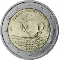 obverse of 2 Euro - Fernão Mendes Pinto (2011) coin with KM# 804 from Portugal. Inscription: FERNÃO MENDES PINTO 1511 2011 PORTUGAL INCM IC-FB PORTUGAL INDIA DIU GOA BIRMANIA PEREGRINÄÇO PEREGRINÄÇO TARTÁRIA CHINA MALACA ORMUZ SONDA NACAU PATANE SIÄO CAMB