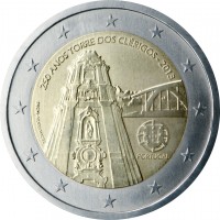 Portugal coin 2 Euro - 250th Anniversary of Oporto Clérigos Tower (2013) obverse obverse of 2 Euro - 250th Anniversary of Oporto Clérigos Tower (2013) coin with KM# 848 from Portugal. Inscription: 250 ANOS TORRE DOS CLÉRIGOS - 2013 INCM HUGO MACIEL PORTUGAL