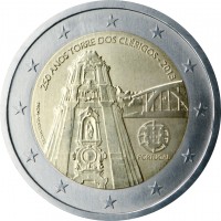 obverse of 2 Euro - 250th Anniversary of Oporto Clérigos Tower (2013) coin with KM# 848 from Portugal. Inscription: 250 ANOS TORRE DOS CLÉRIGOS - 2013 INCM HUGO MACIEL PORTUGAL