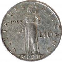 reverse of 10 Lire - Pius XII (1951 - 1958) coin with KM# 52 from Vatican City. Inscription: CITTA DEL VATICANO 1952 L · 10 PRVDENTIA