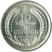 Chile coin 10 Pesos / 1 Condor (1956 - 1959) reverse reverse of 10 Pesos / 1 Condor (1956 - 1959) coin with KM# 181 from Chile. Inscription: So 10 DIEZ PESOS UN CONDOR 1958