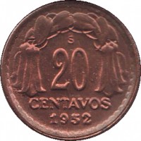 reverse of 20 Centavos (1942 - 1953) coin with KM# 177 from Chile. Inscription: So 20 CENTAVOS 1952