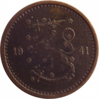 obverse of 50 Penniä (1940 - 1943) coin with KM# 26a from Finland. Inscription: 19 41