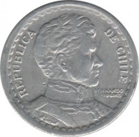 obverse of 1 Peso (1954 - 1958) coin with KM# 179a from Chile. Inscription: REPUBLICA DE CHILE BERNARDO O'HIGGINS