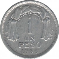 reverse of 1 Peso (1954 - 1958) coin with KM# 179a from Chile. Inscription: So 1 UN PESO 1956