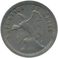 obverse of 20 Centavos (1919 - 1941) coin with KM# 167 from Chile. Inscription: REPUBLICA DE CHILE O. ROTY