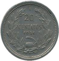 reverse of 20 Centavos (1919 - 1941) coin with KM# 167 from Chile. Inscription: 20 CENTAVOS 1940 oS
