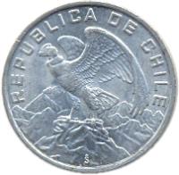 obverse of 10 Escudos (1974 - 1975) coin with KM# 200 from Chile. Inscription: REPUBLICA DE CHILE So