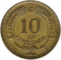 reverse of 10 Centésimos (1960 - 1970) coin with KM# 191 from Chile. Inscription: Eº 10 CENTESIMOS 1964 So