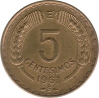 Chile coin 5 Centésimos (1960 - 1971) reverse reverse of 5 Centésimos (1960 - 1971) coin with KM# 190 from Chile. Inscription: Eº 5 CENTESIMOS 1961 So