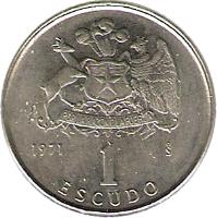 Chile coin 1 Escudo (1971 - 1972) reverse reverse of 1 Escudo (1971 - 1972) coin with KM# 197 from Chile. Inscription: POR LA RAZON O LA FUERZA 1972 1 So ESCUDO