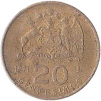 reverse of 20 Centésimos (1971 - 1972) coin with KM# 195 from Chile. Inscription: POR LA RAZON O LA FUERZA 1971 20 So CENTESIMOS
