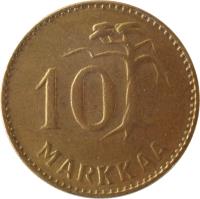 Finland coin 10 Markkaa (1952 - 1962) reverse reverse of 10 Markkaa (1952 - 1962) coin with KM# 38 from Finland. Inscription: 10 MARKKAA