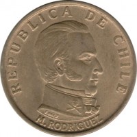obverse of 50 Centésimos (1971) coin with KM# 196 from Chile. Inscription: REPUBLICA DE CHILE M.RODRIGUEZ