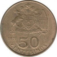 reverse of 50 Centésimos (1971) coin with KM# 196 from Chile. Inscription: POR LA RAZON O LA FUERZA 1971 50 So CENTESIMOS