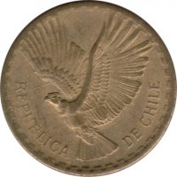 obverse of 2 Centésimos (1960 - 1970) coin with KM# 193 from Chile. Inscription: REPUBLICA DE CHILE