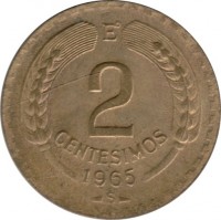 reverse of 2 Centésimos (1960 - 1970) coin with KM# 193 from Chile. Inscription: Eº 2 CENTESIMOS 1965 So