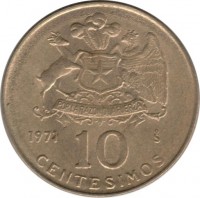 Chile coin 10 Centésimos (1971) reverse reverse of 10 Centésimos (1971) coin with KM# 194 from Chile. Inscription: 1971 10 So CENTESIMOS