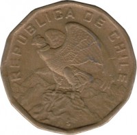 obverse of 100 Escudos (1974 - 1975) coin with KM# 202 from Chile. Inscription: REPUBLICA DE CHILE So