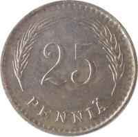 reverse of 25 Penniä (1921 - 1940) coin with KM# 25 from Finland. Inscription: 25 PENNIÄ