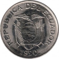 obverse of 1 Sucre (1988 - 1992) coin with KM# 89 from Ecuador. Inscription: REPUBLICA DEL ECUADOR 1990