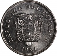 obverse of 20 Sucres (1988 - 1991) coin with KM# 94 from Ecuador. Inscription: REPUBLICA DEL ECUADOR 1991