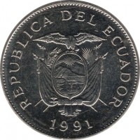 obverse of 50 Sucres (1988 - 1991) coin with KM# 93 from Ecuador. Inscription: REPUBLICA DEL ECUADOR 1991