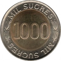 Ecuador coin 1000 Sucres - 70th anniversary of the Central Bank of Ecuador (1997) reverse reverse of 1000 Sucres - 70th anniversary of the Central Bank of Ecuador (1997) coin with KM# 103 from Ecuador. Inscription: 1000 MIL SUCRES
