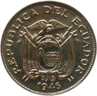 obverse of 5 Centavos (1946) coin with KM# 75b from Ecuador. Inscription: REPUBLICA DEL ECUADOR 1946