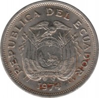 obverse of 1 Sucre (1974 - 1977) coin with KM# 83 from Ecuador. Inscription: REPUBLICA DEL ECUADOR 1974