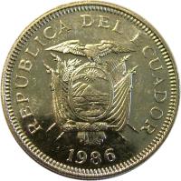 obverse of 1 Sucre (1985 - 1986) coin with KM# 85 from Ecuador. Inscription: REPUBLICA DEL ECUADOR 1985