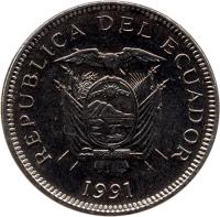 Ecuador coin 5 Sucres (1988 - 1991) obverse obverse of 5 Sucres (1988 - 1991) coin with KM# 91 from Ecuador. Inscription: REPUBLICA DEL ECUADOR 1988
