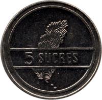 reverse of 5 Sucres (1988 - 1991) coin with KM# 91 from Ecuador. Inscription: 5 SUCRES