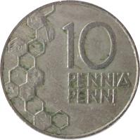 reverse of 10 Penniä (1990 - 2001) coin with KM# 65 from Finland. Inscription: 10 PENNIÄ PENNI